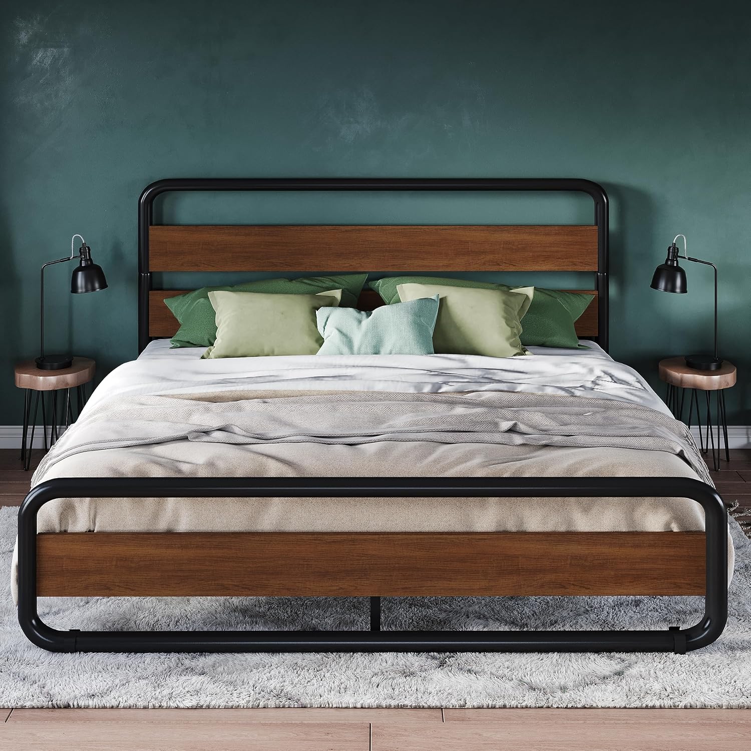 Allewie Full Size Metal Bed Frame with Curved Wood Headboard and Footboard, Heavy Duty Platform Iron Bed with Under-Bed Storage, Noise Free, No Box Spring Needed, Easy Assembly, Walnut