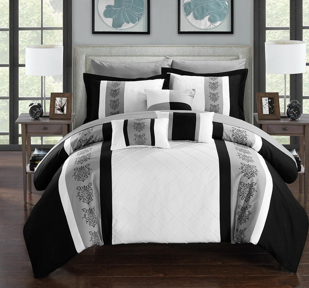 Chic Home Clayton 10 Piece Comforter Set Pintuck Pieced Block Embroidery Bed in a Bag with Sheet Set, King Black White
