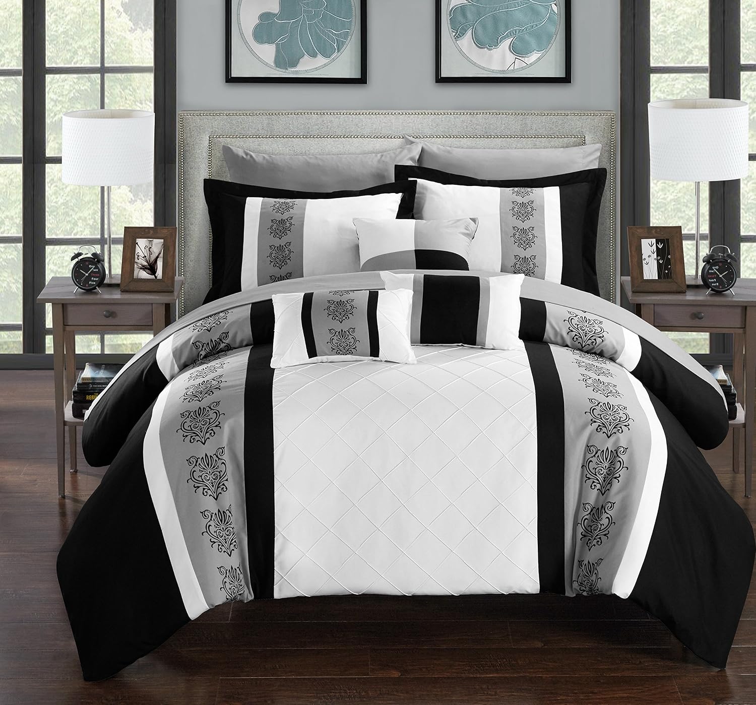 Chic Home Clayton 10 Piece Comforter Set Pintuck Pieced Block Embroidery Bed in a Bag with Sheet Set, King Black White