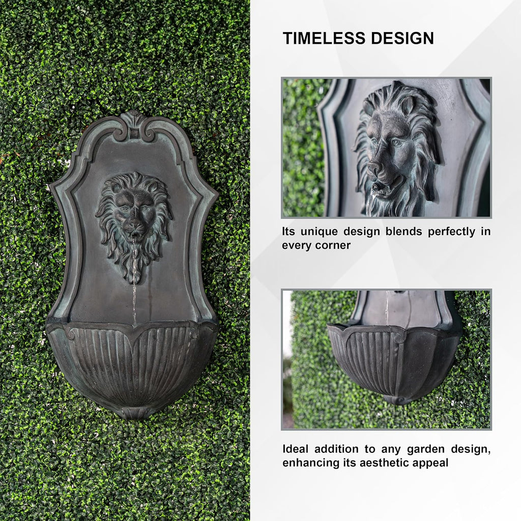 XBrand 29.9' Solar-Powered Wall-Mounted Lion Head Fountain, Resin, Outdoor, Gray