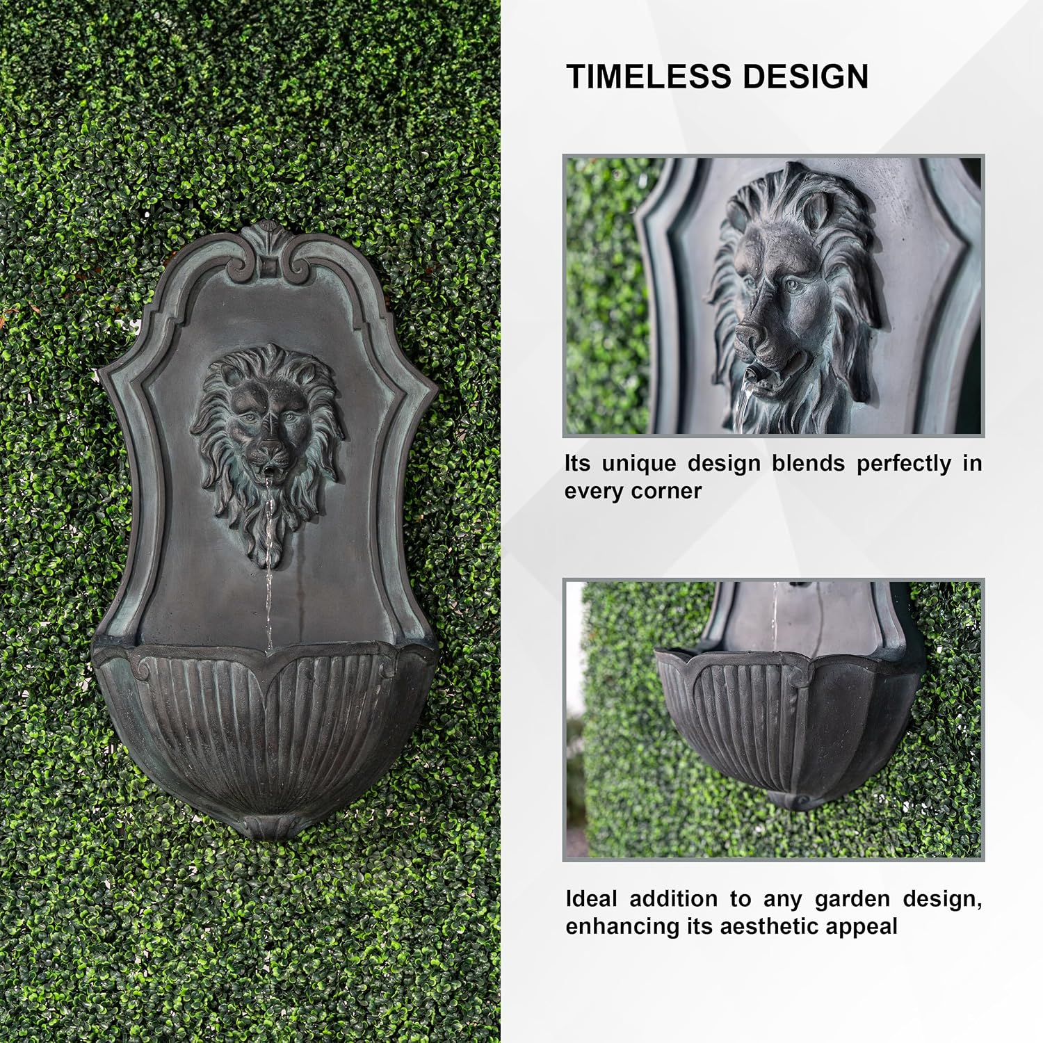 XBrand 29.9' Solar-Powered Wall-Mounted Lion Head Fountain, Resin, Outdoor, Gray