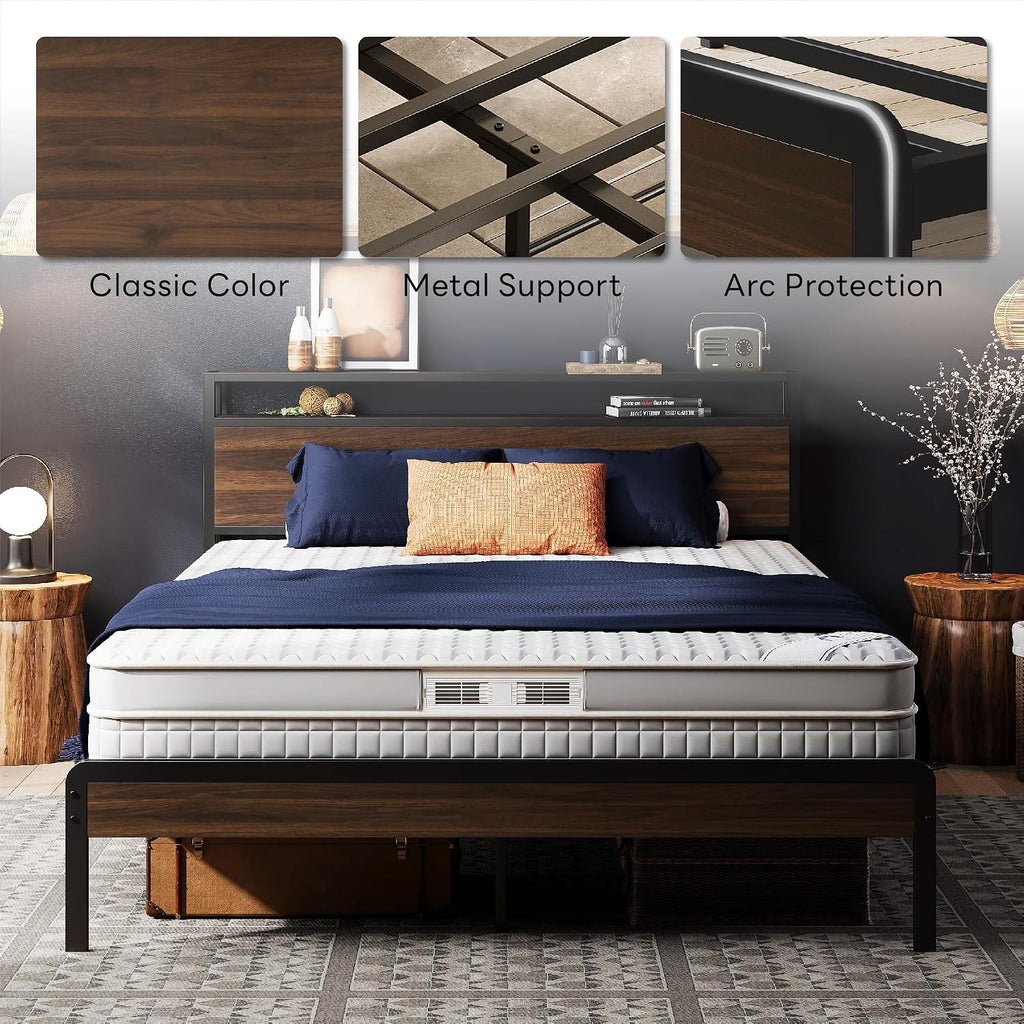 LIKIMIO Queen Bed Frame with Headboard, Dark Wood Camas Queen with Strong Supports, Sturdy, Noise-Free, No Box Spring Needed, Dark Walnut