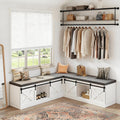 Farmhouse L Shaped Corner Shoe Storage Bench, Corner Bench with Cushion and Sliding Barn Door, 63' Breakfast Nook Benches with Hidden Storage for Entryway, Dining Room, Hallway
