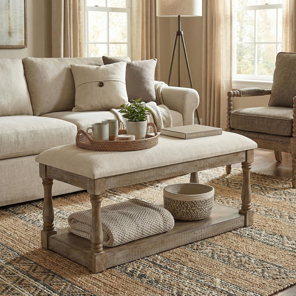 Cortesi Home Dahlia Wooden Bench Ottoman, Distressed Wood and Beige Fabric