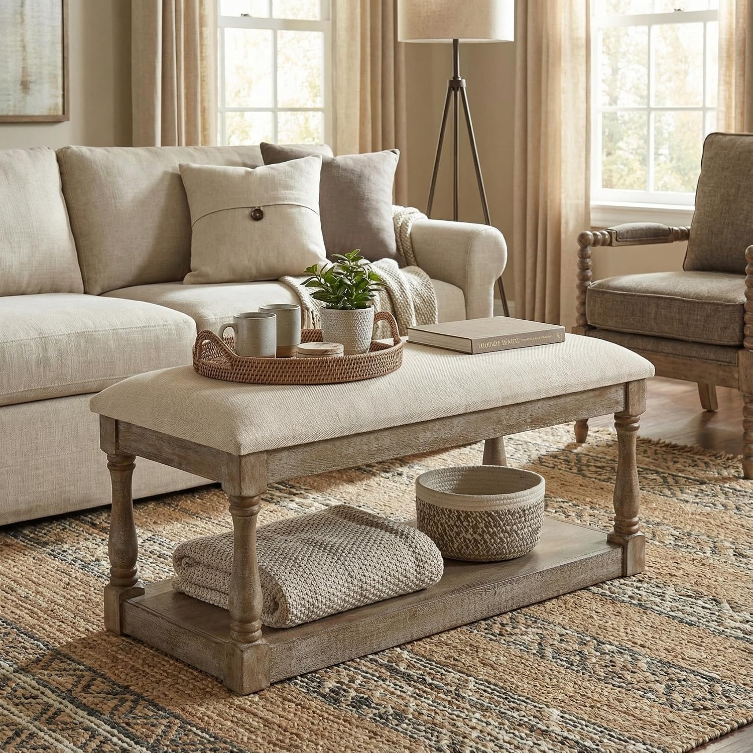 Cortesi Home Dahlia Wooden Bench Ottoman, Distressed Wood and Beige Fabric