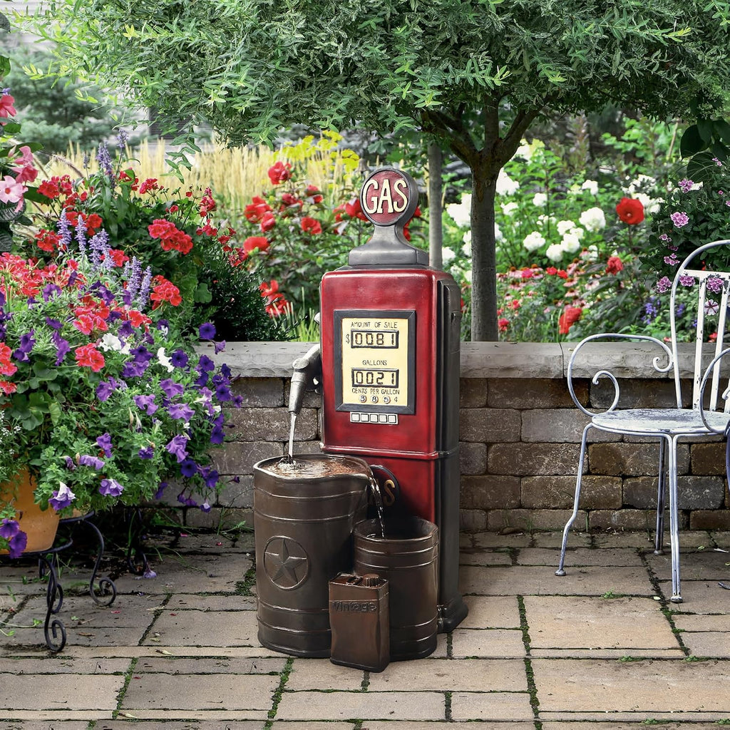 Peaktop Teamson Home Vintage Gas Station Statue 3 Tiered Floor Waterfall Fountain with Pump for Outdoor Patio Garden Backyard Decking, 42 Inch Height, Dark Red