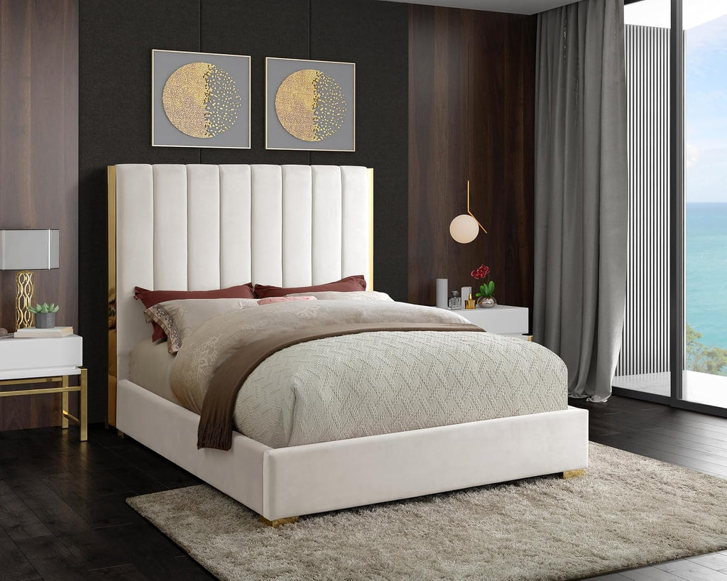 Meridian Furniture Becca Collection Modern | Contemporary Velvet Upholstered Bed with Deep Channel Tufting and Polished Gold Metal Frame, Cream, King