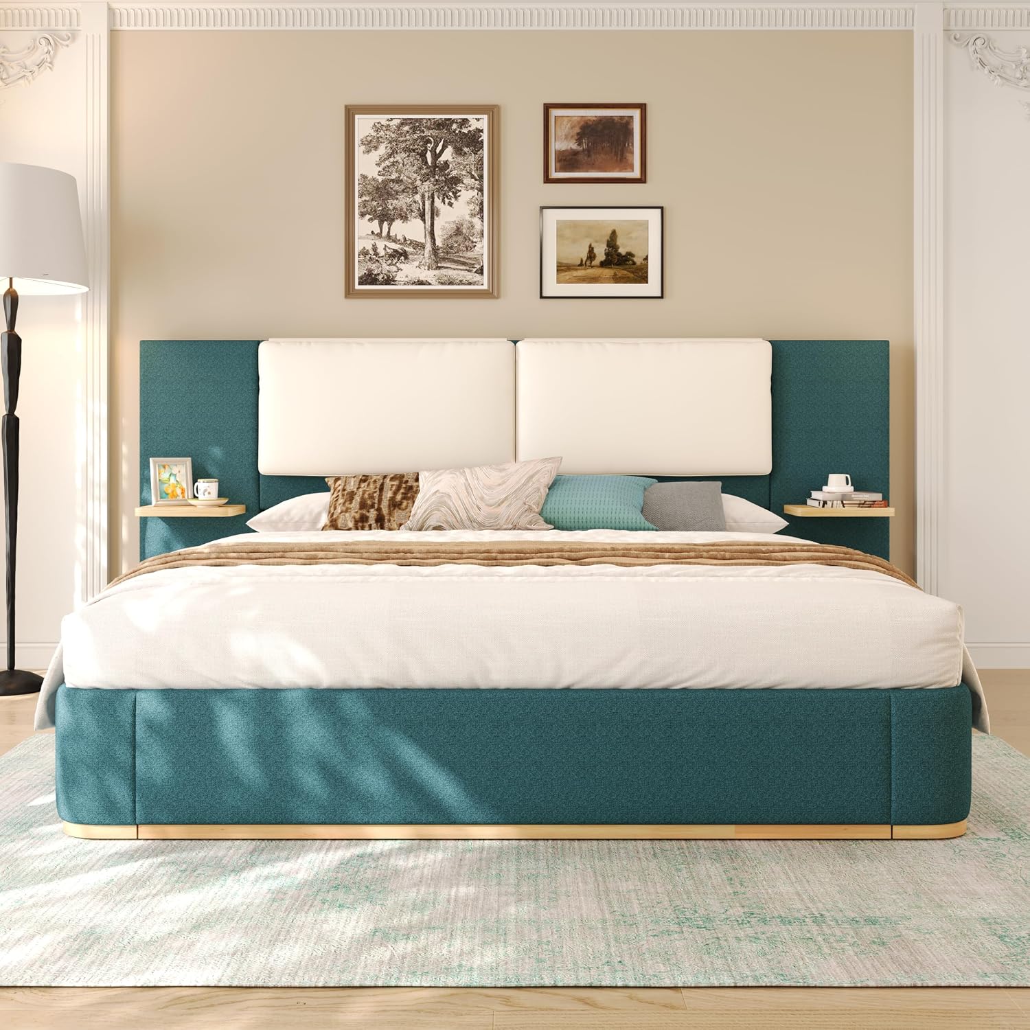Green Bed Frame with Soft Upholstered Storage Tall Headboard, Queen Size Floor Platform Bed Frames, Anti-Collision Curved Footboard Bedroom Sets,No Box Spring Needed (Green, Queen)