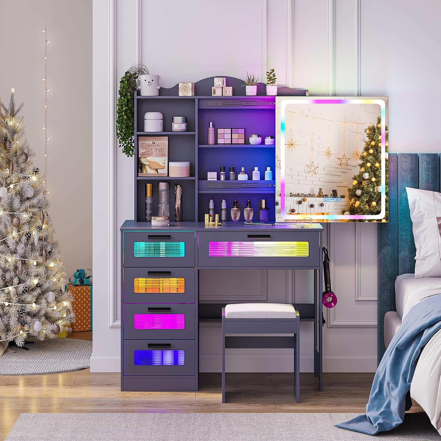 WOOVIVS Vanity with LED Mirror, 6 Drawer Dresser with Charging Station for Bedroom, Small Makeup Vanitys Table with RGB Light, Vanity Set with Chair,Jewelry Organizer for Girls-Grey