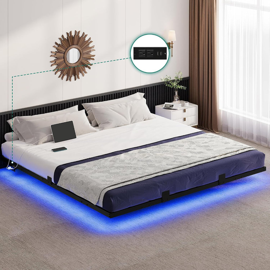 YITAHOME Floating Bed Frame King Size,Floating Bed with LED Lights & Charging Station, Metal Platform Bed Frame with Heavy Duty Steel Slats, No Box Spring Needed, Black