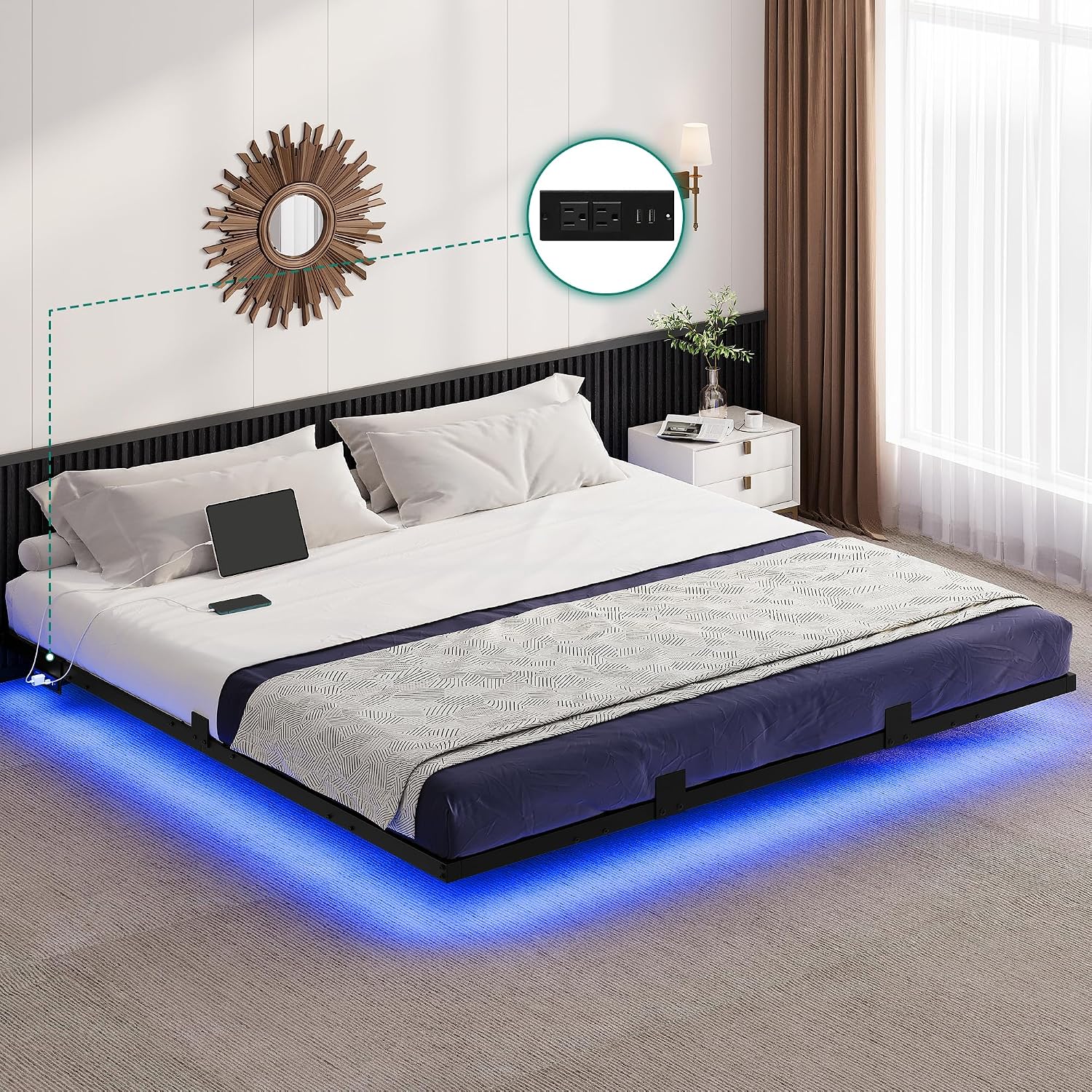 YITAHOME Floating Bed Frame King Size,Floating Bed with LED Lights & Charging Station, Metal Platform Bed Frame with Heavy Duty Steel Slats, No Box Spring Needed, Black