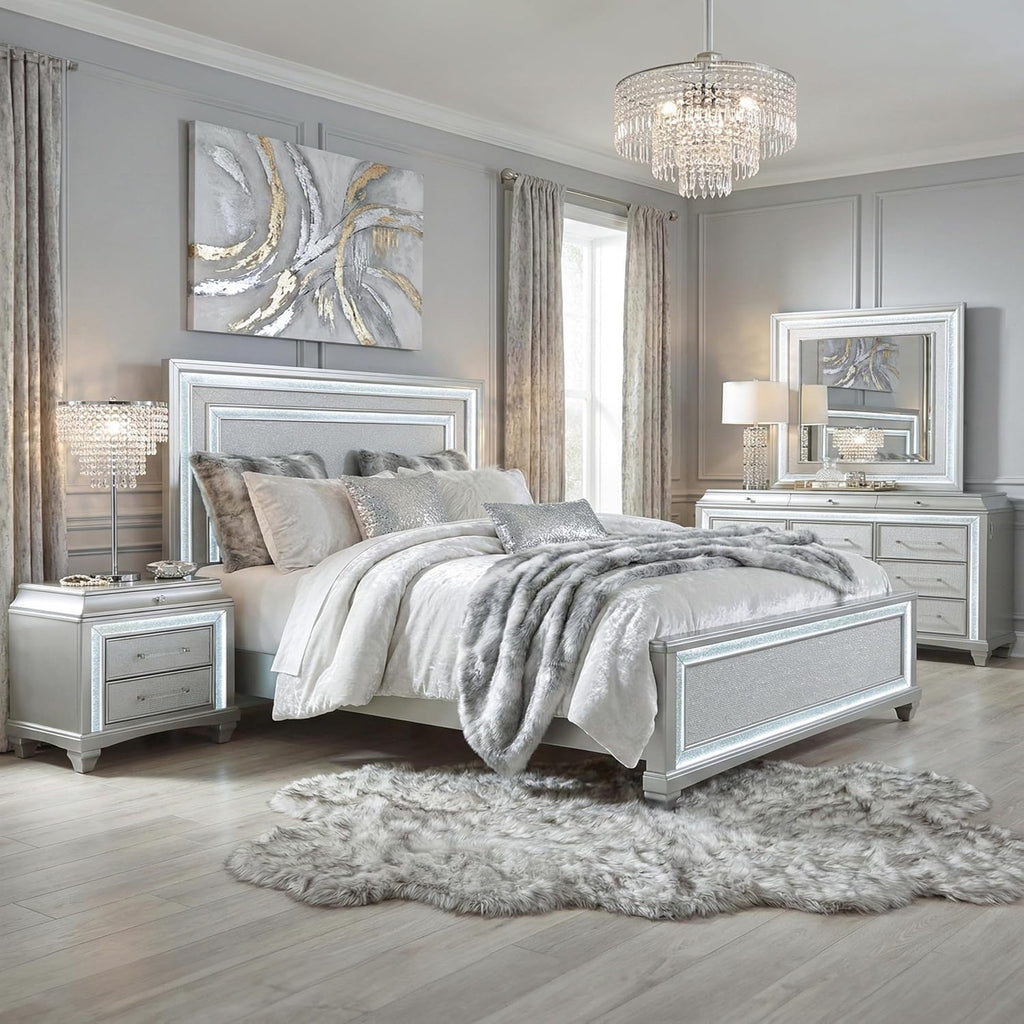 Furniture of America Silvia Glam Solid Wood 4-Piece Bedroom Set with Layered Frame Bed, Faux Crystal Trim LED on Nightstand and Dresser with Mirror, Box Spring Needed for Bedroom, King, Silver