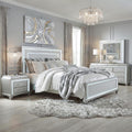Furniture of America Silvia Glam Solid Wood 4-Piece Bedroom Set with Layered Frame Bed, Faux Crystal Trim LED on Nightstand and Dresser with Mirror, Box Spring Needed for Bedroom, King, Silver