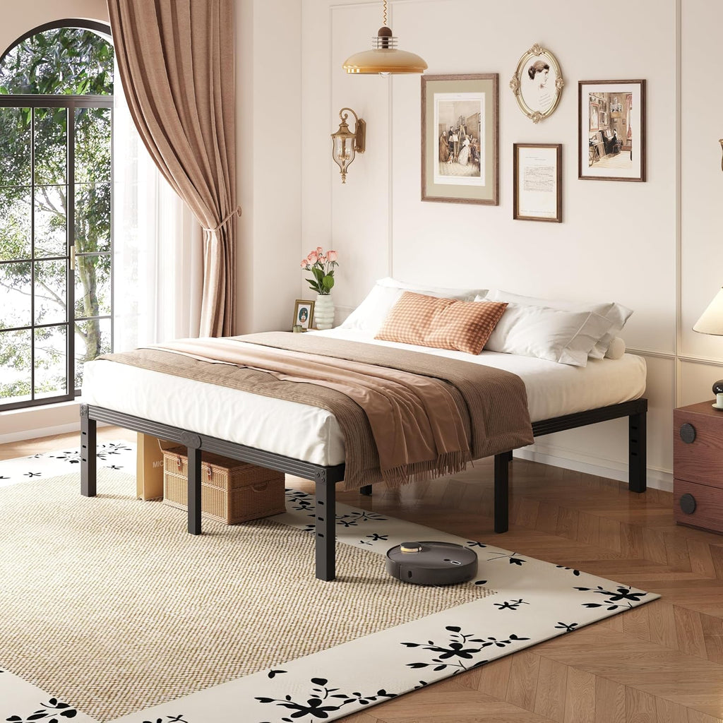 18 Inch High California King Bed Frames No Box Spring Needed, Tall Heavy Duty Metal Platform Cal King Bed Frame for Heavy People with Steel Slat, Easy Assembly, Noise Free, Black