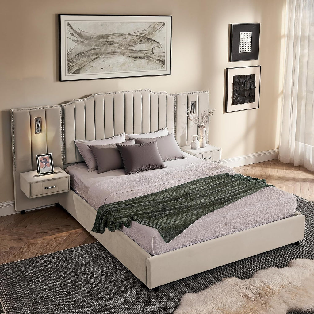 Velvet Upholstered Queen Size Platform Bed Frame with 48' Tall Headboard, Built-in Nightstands & Storage Drawers, No Box Spring Needed, Modern Beige Bedroom Furniture Set