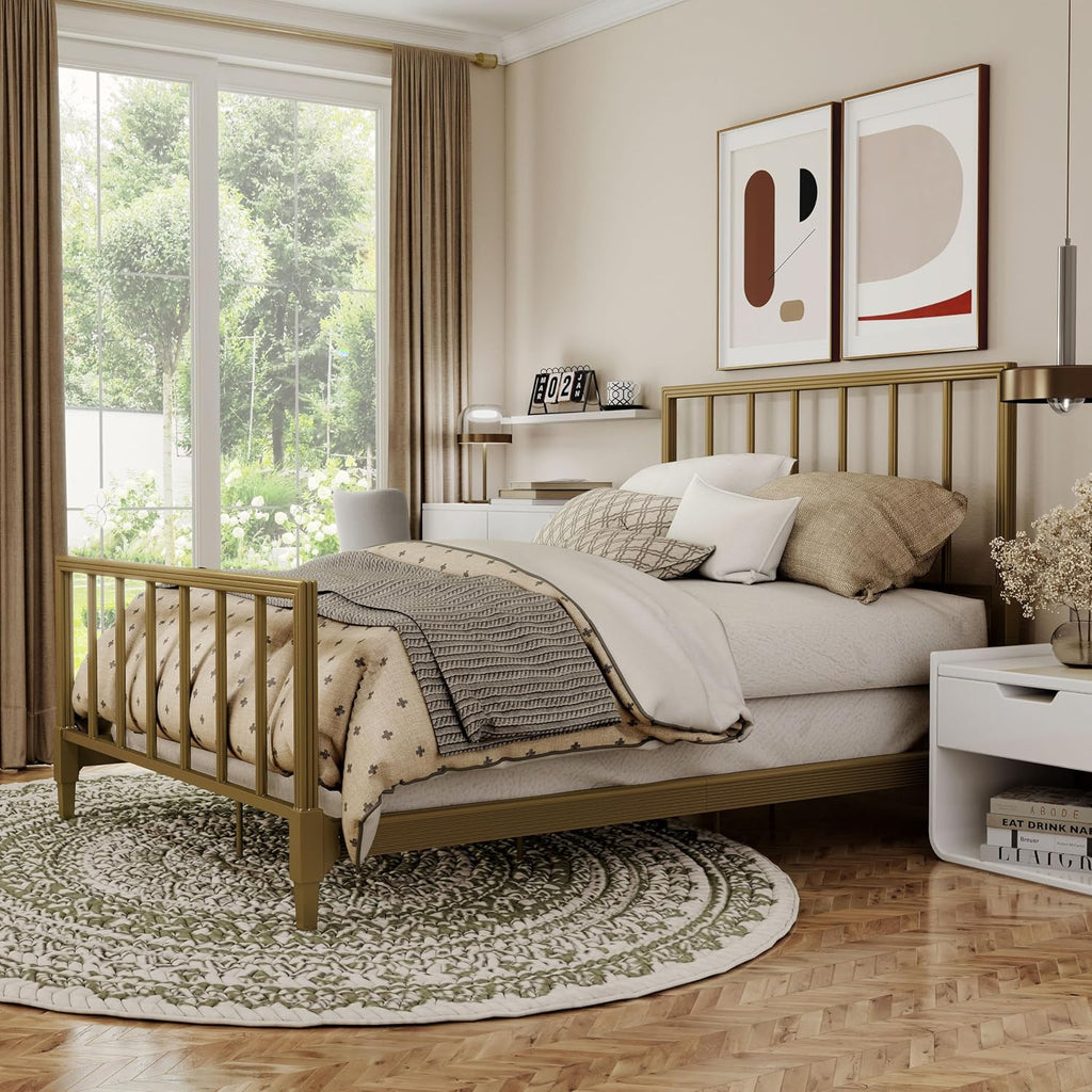 Furniture of America Blair Modern Metal Full Size Bed Frame with Subtle Reeded Lines, Sturdy Bedframe for Bedroom, Guest Room, Box Spring Required, Gold