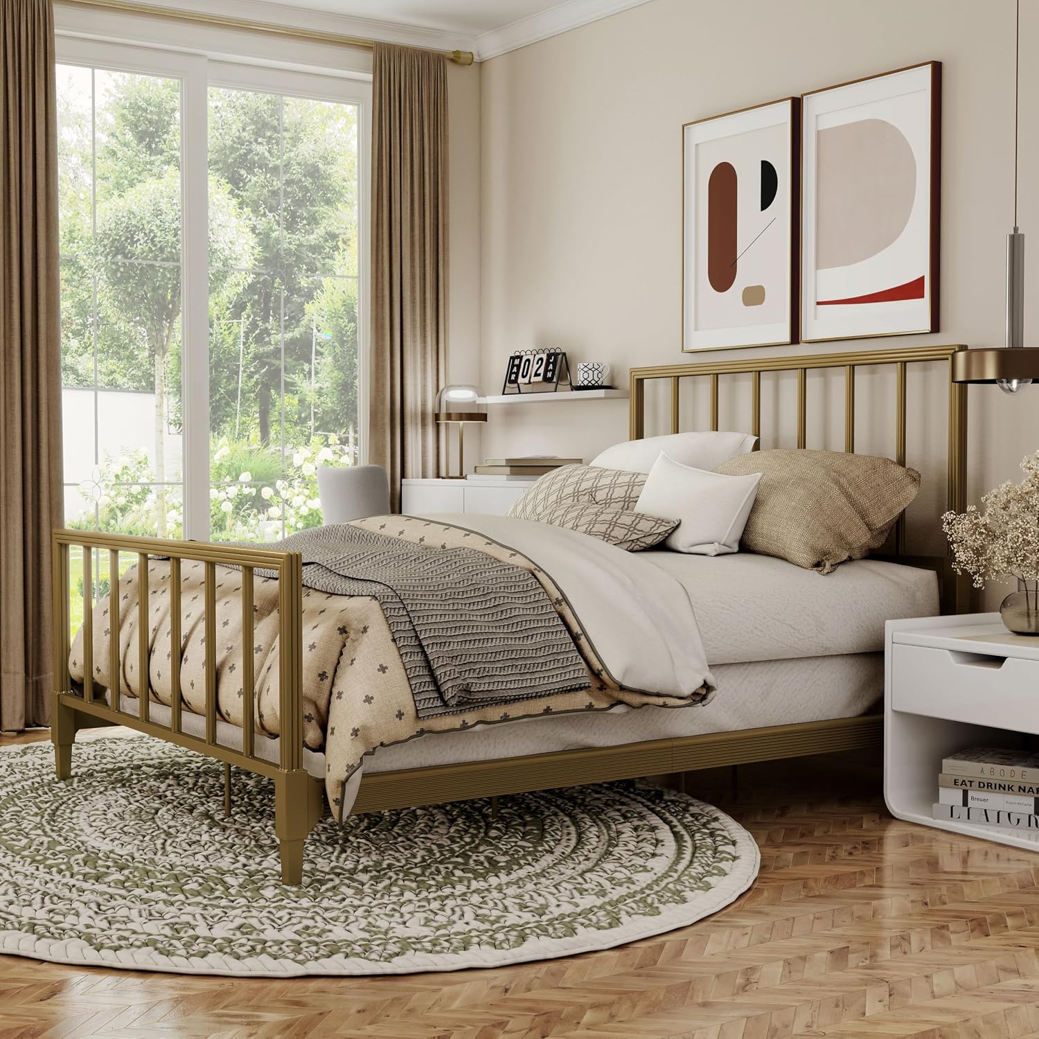 Furniture of America Blair Modern Metal Full Size Bed Frame with Subtle Reeded Lines, Sturdy Bedframe for Bedroom, Guest Room, Box Spring Required, Gold