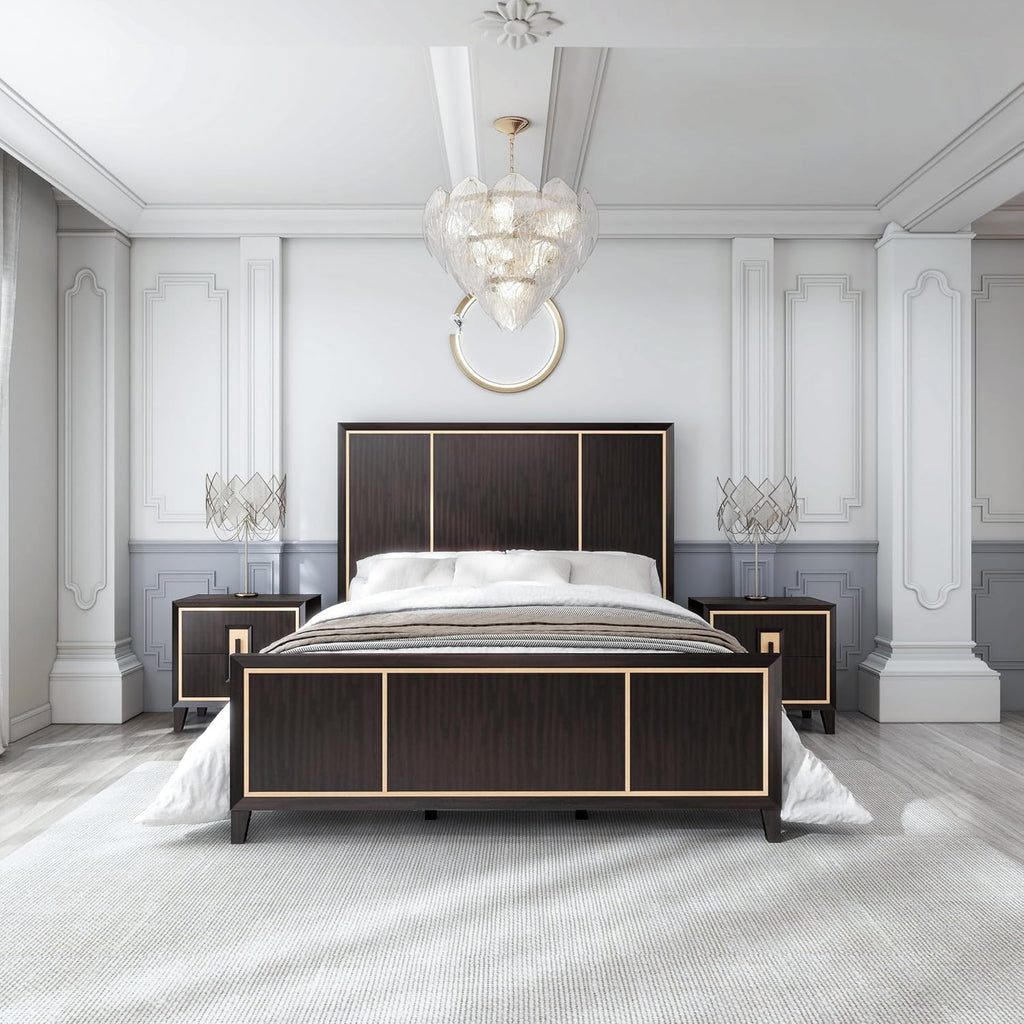 Furniture of America Samuel Modern Solid Wood 3-Piece Bedroom Collection Bed Frame and 2-Drawer Nightstands Set of 2, Box Spring Required, Espresso, Queen
