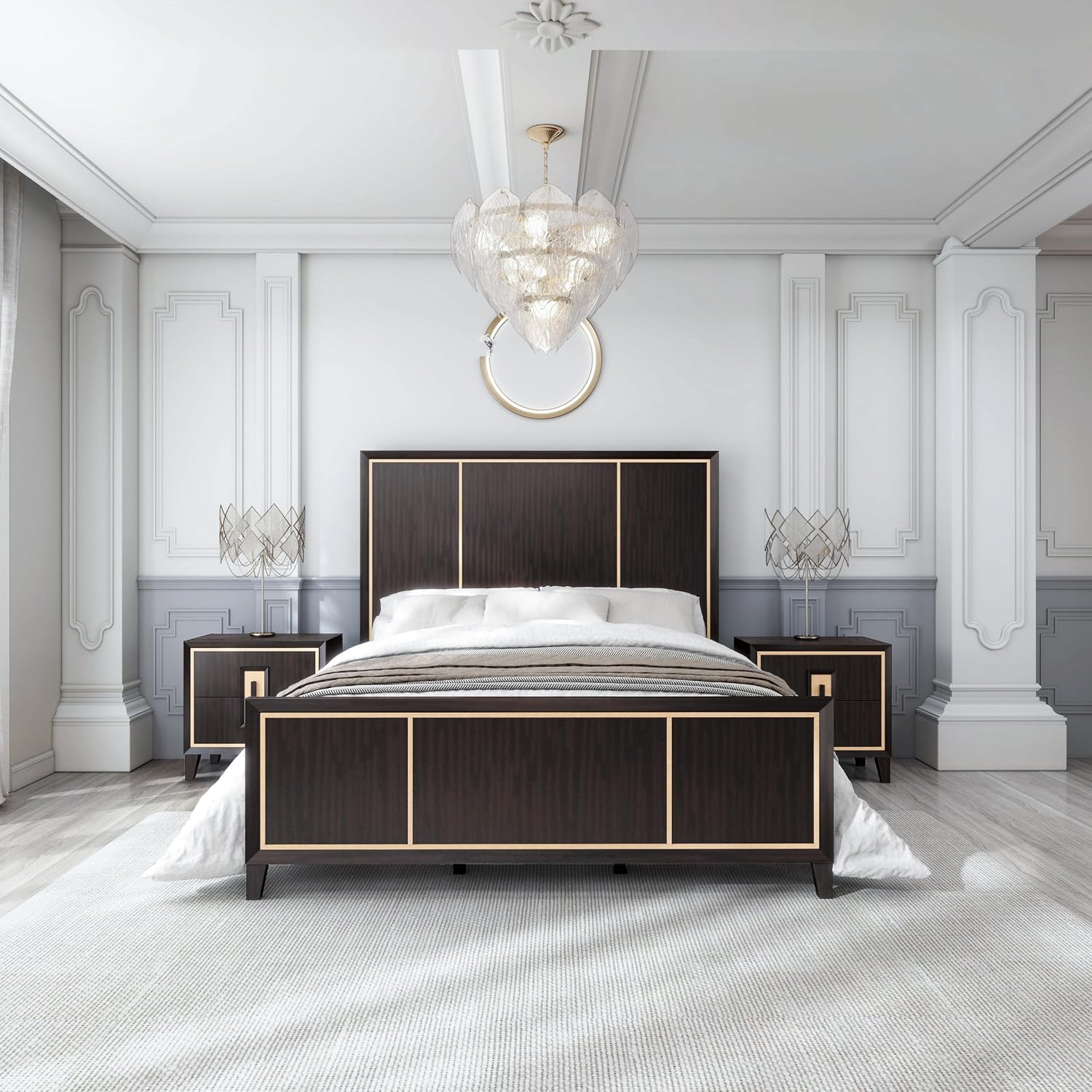 Furniture of America Samuel Modern Solid Wood 3-Piece Bedroom Collection Bed Frame and 2-Drawer Nightstands Set of 2, Box Spring Required, Espresso, Queen