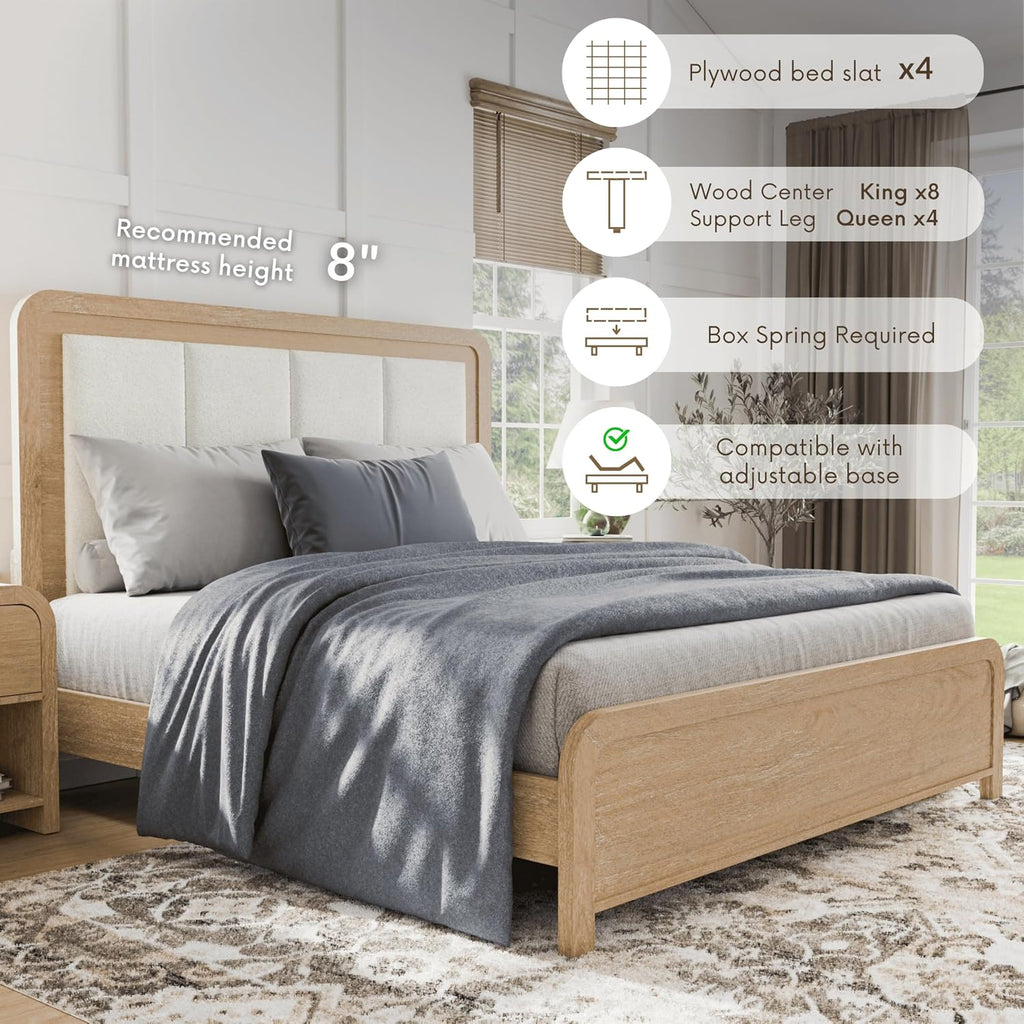Furniture of America Verena Boho Solid Wood 4-Piece Bedroom Set with Padded Headboard Bed, Metal Side Glide, Finger Pulls on Nightstand and Dresser with Mirror, Box Spring Needed, Queen, Natural