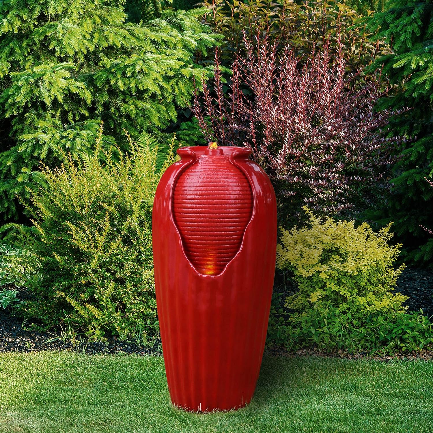 Teamson Home Glazed Vase Floor Freestanding Water Fountain with LED Lights and Pump for Outdoor Patio Backyard Deck Plant Garden Décor, 32 Inch Height, Red
