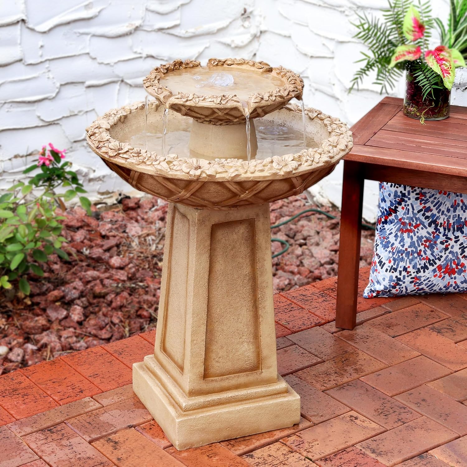Sunnydaze Beveled Flower 28-Inch 2-Tier Outdoor Water Fountain - Backyard Water Feature & Bird Bath for Patio, Yard or Deck