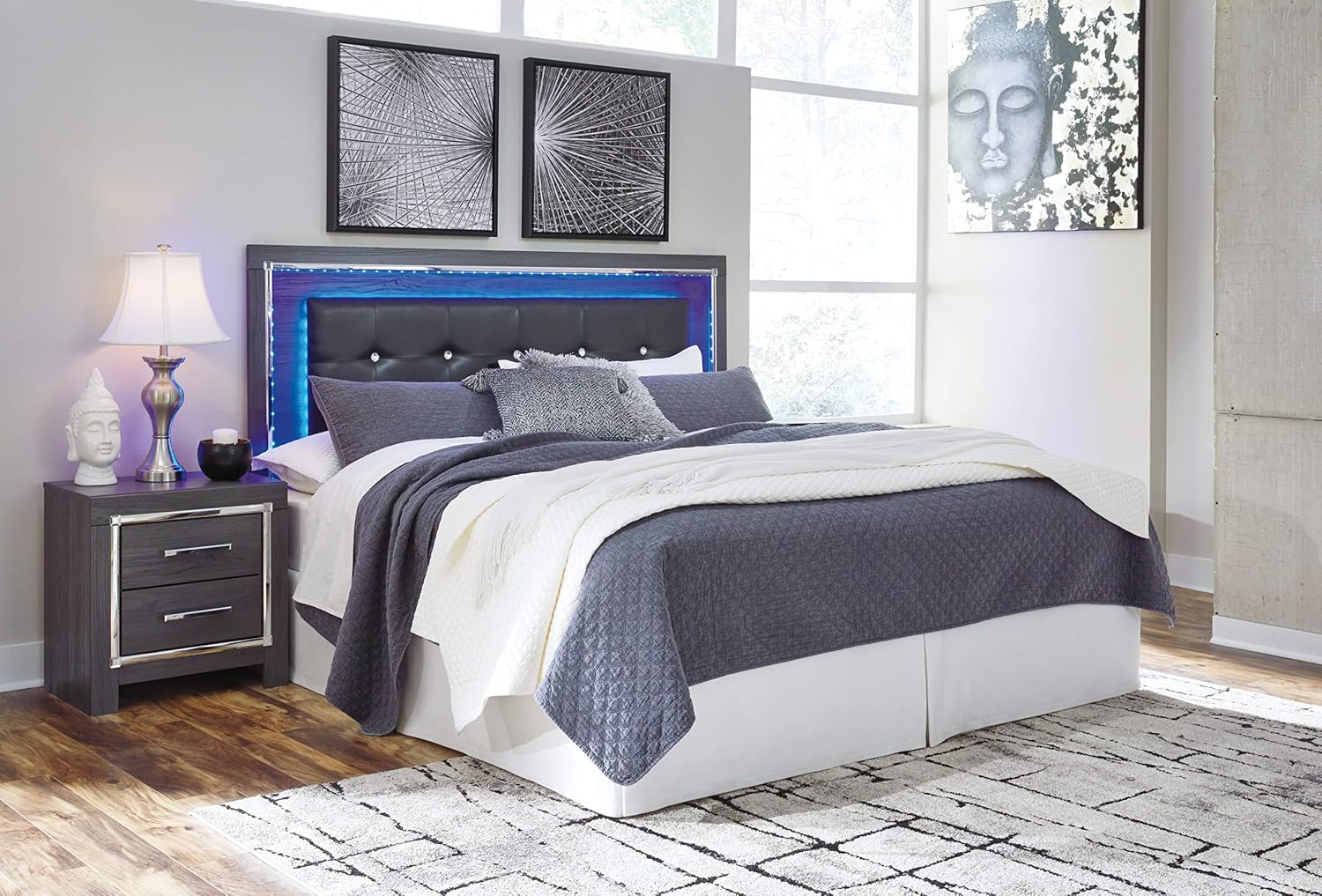 Signature Design by Ashley Lodanna Glam Faux Leather Panel Headboard with LED Lights ONLY, King & California King, Gray