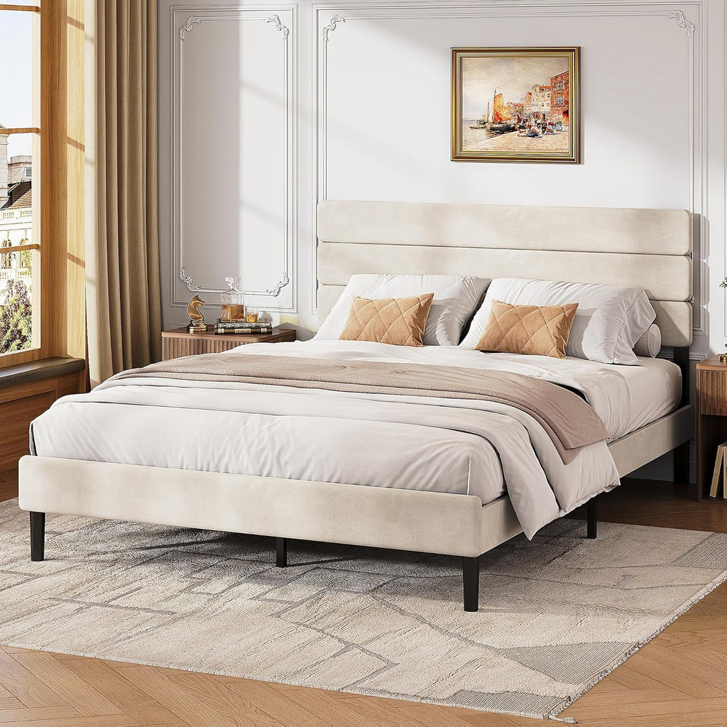 WLIVE Upholstered Bed Frame, Queen Bed Frame with Headboard, Platform Bed with Wood Slats, 1500LBS Mattress Foundation, No Box Spring Needed, Easy Assembly, Velvet Beige