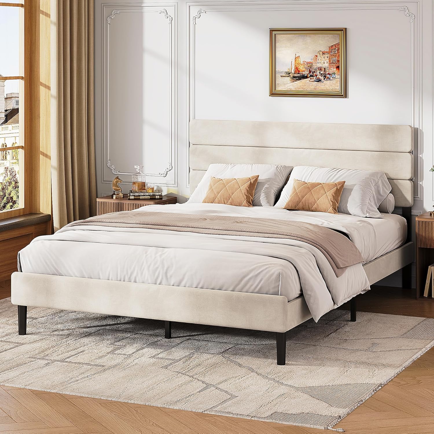 WLIVE Upholstered Bed Frame, Queen Bed Frame with Headboard, Platform Bed with Wood Slats, 1500LBS Mattress Foundation, No Box Spring Needed, Easy Assembly, Velvet Beige