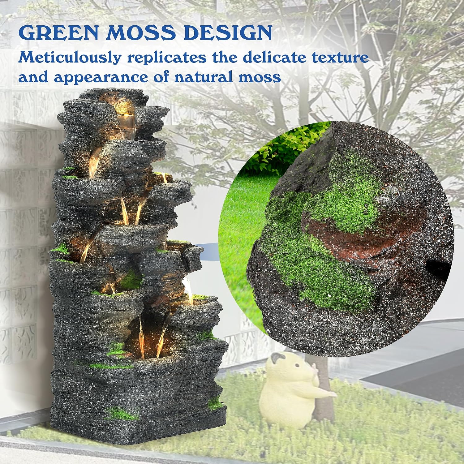 40' H 10-Tiers Cascading Rock Water Fountain Outdoor - Waterfalls Fountains with LED Lights, Outdoor/Indoor Resin Fountain for Patio, Garden, Backyard, Deck, Porch, Home Art Docor(40''H)