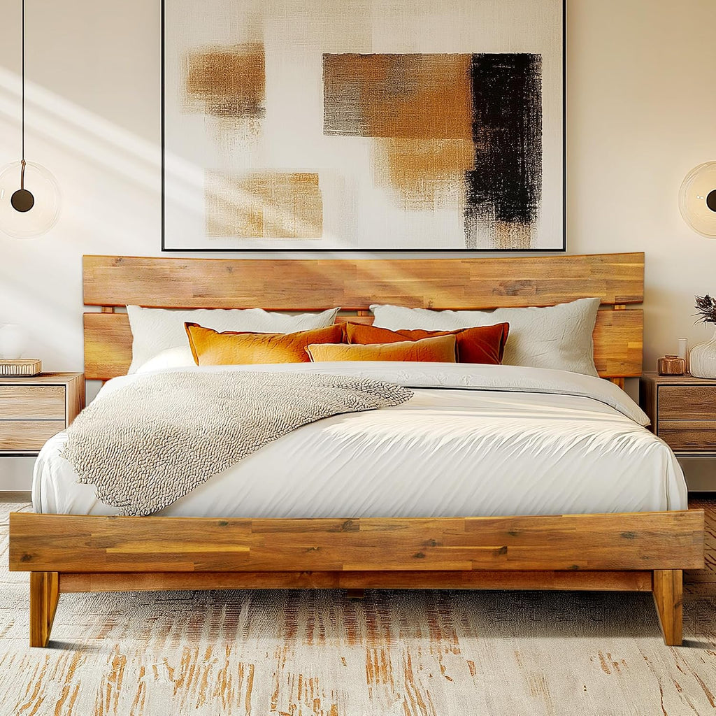 Acacia Aurora King Bed Frame with Headboard & Serena Nightstand Set – Solid Wood Platform Bed & Bedside Table, Caramel Finish