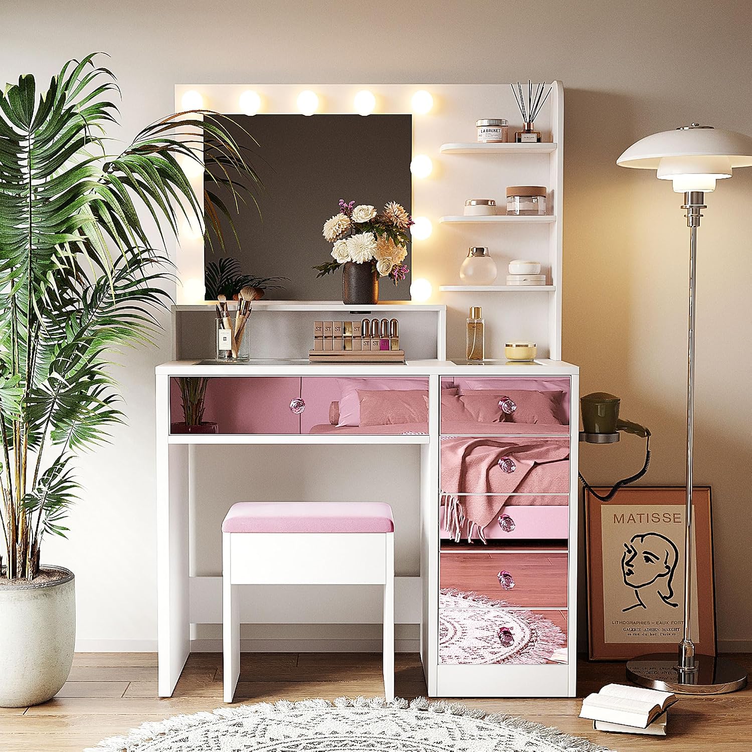 Merax 37' Pink Vanity Desk with Mirror and Lights and Storage Stool, Modern Dressing Table Set with 6 Pink Finish Drawers and Visual Glass Top and Charge Station for Bedroom or Dressing Room