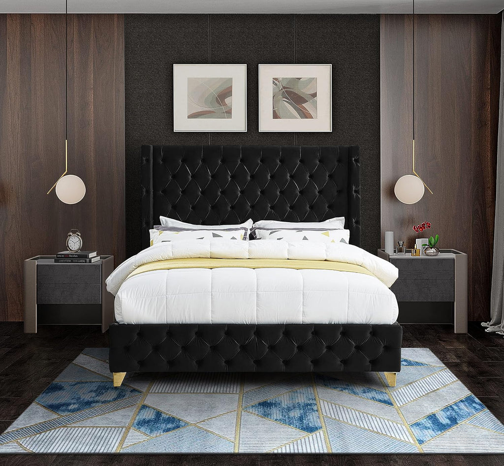 Meridian Furniture SavanBlack-F Savan Collection Modern | Contemporary Velvet Upholstered Bed with Deep Button Tufting in Gold or Chrome Finish, 66' W x 81' D x 56' H, Black, Full