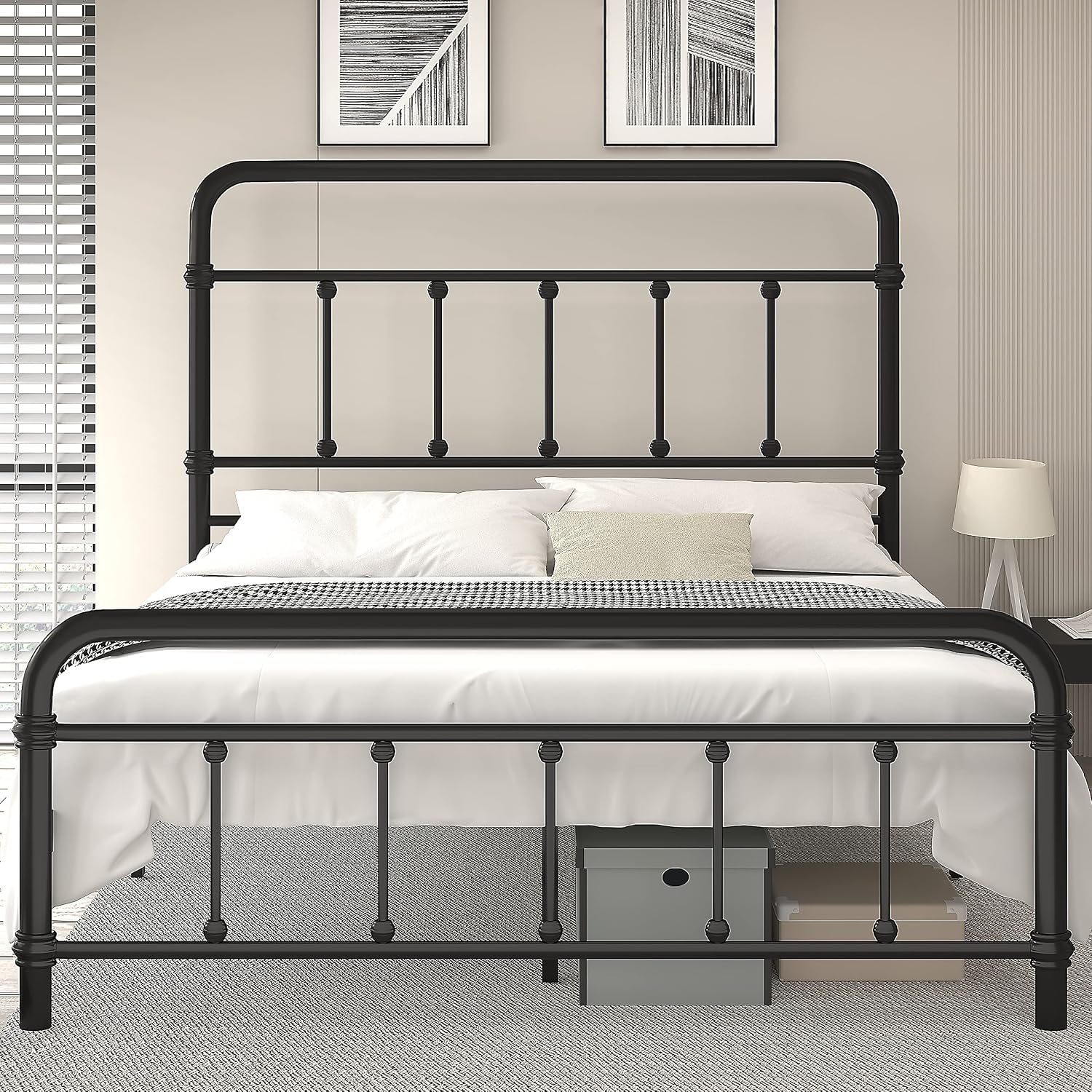 Queen-Bed-Frame with headboard Giselle-Vintage Antique-Metal - Platform Mattress Foundation,49 inch High,No Box Spring Needed(Black)