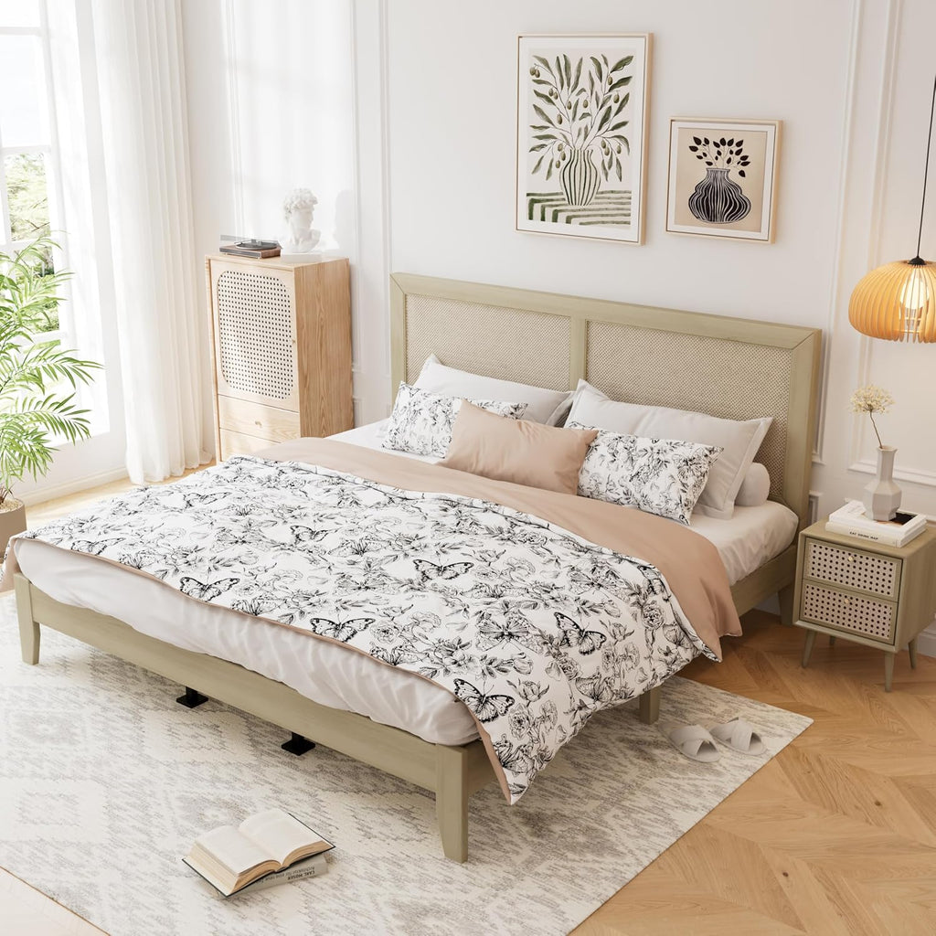 Christopher Knight Home Eudoca Natural Farmhouse Wooden Queen Bed Frame with Woven Rattan Headboard, Rubberwood Platform Bed Frame Queen Size, Rectangular Queen Size Bed Frame, No Box Spring Needed