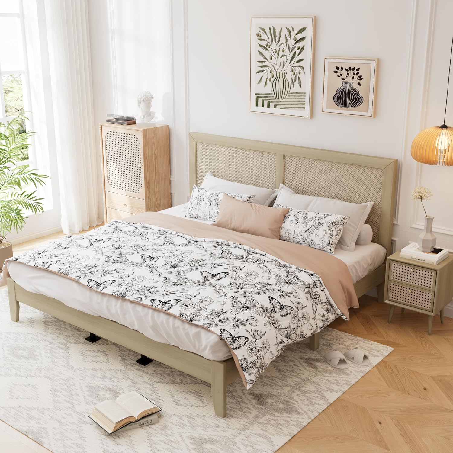 Christopher Knight Home Eudoca Natural Farmhouse Wooden Queen Bed Frame with Woven Rattan Headboard, Rubberwood Platform Bed Frame Queen Size, Rectangular Queen Size Bed Frame, No Box Spring Needed