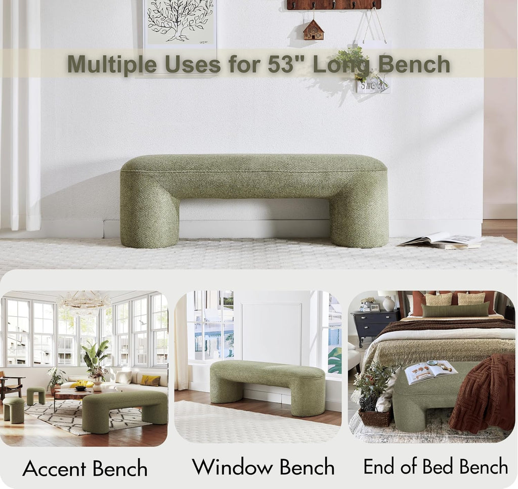 Hyfirm 3-Piece Nesting Upholstered Bench with 2 Stools, 53' Chenille Accent Waterfall Bench Modern End of Bed Entryway Bench Bedroom Bench for Living Room Vanity, Green, No Need to Install