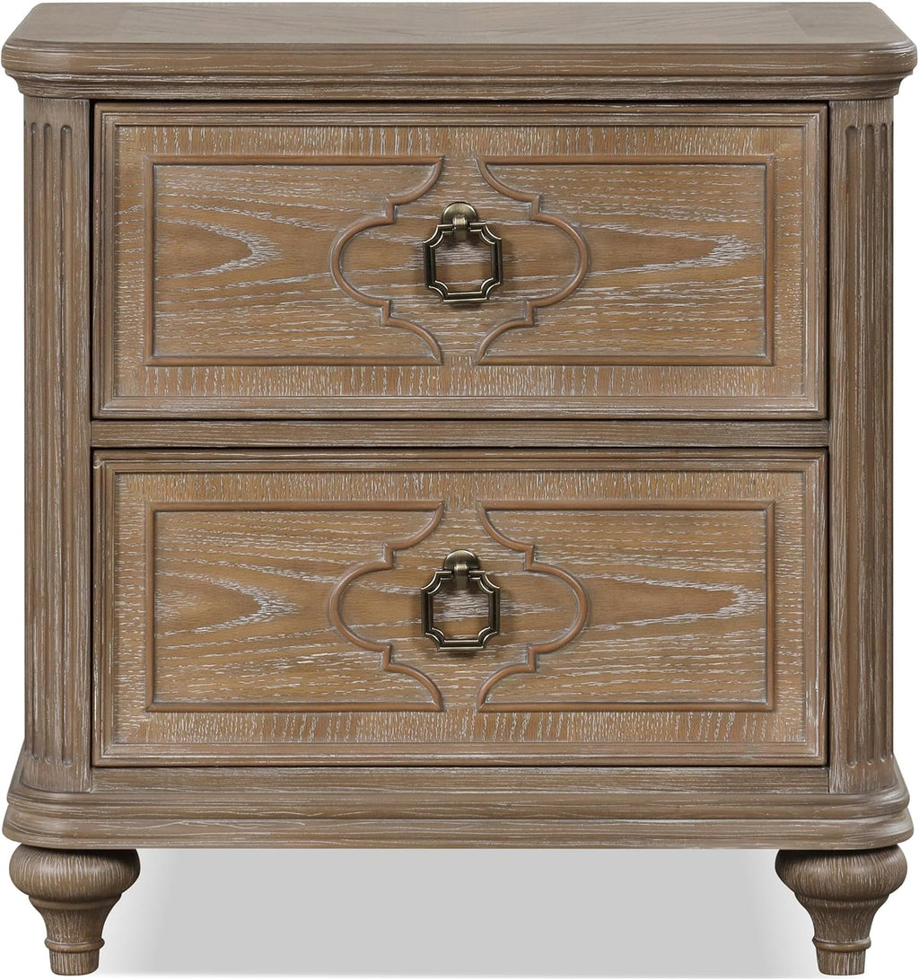 Furniture of America Weile Art Deco Solid Wood 3-Piece Bedroom Collection with Bed Frame and 2-Drawer Nightstands Set of 2, Box Spring Required, Rustic Oak, King