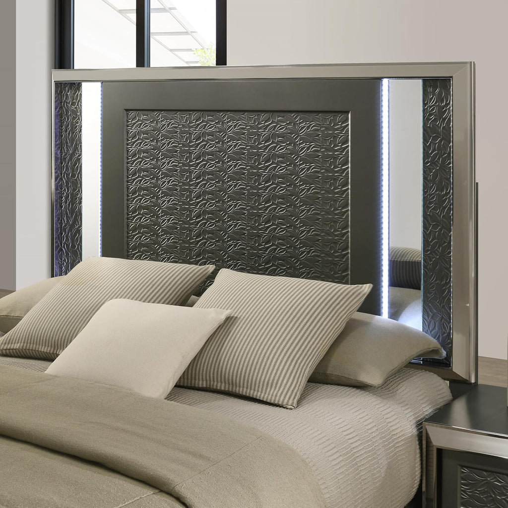 Furniture of America Uself Modern Solid Wood 6-Piece Bedroom Set with LED on Headboard and Mirror, Silver Bracketed Feet, Leaf Pattern Molding, No Box Spring Needed, King, Dark Gray