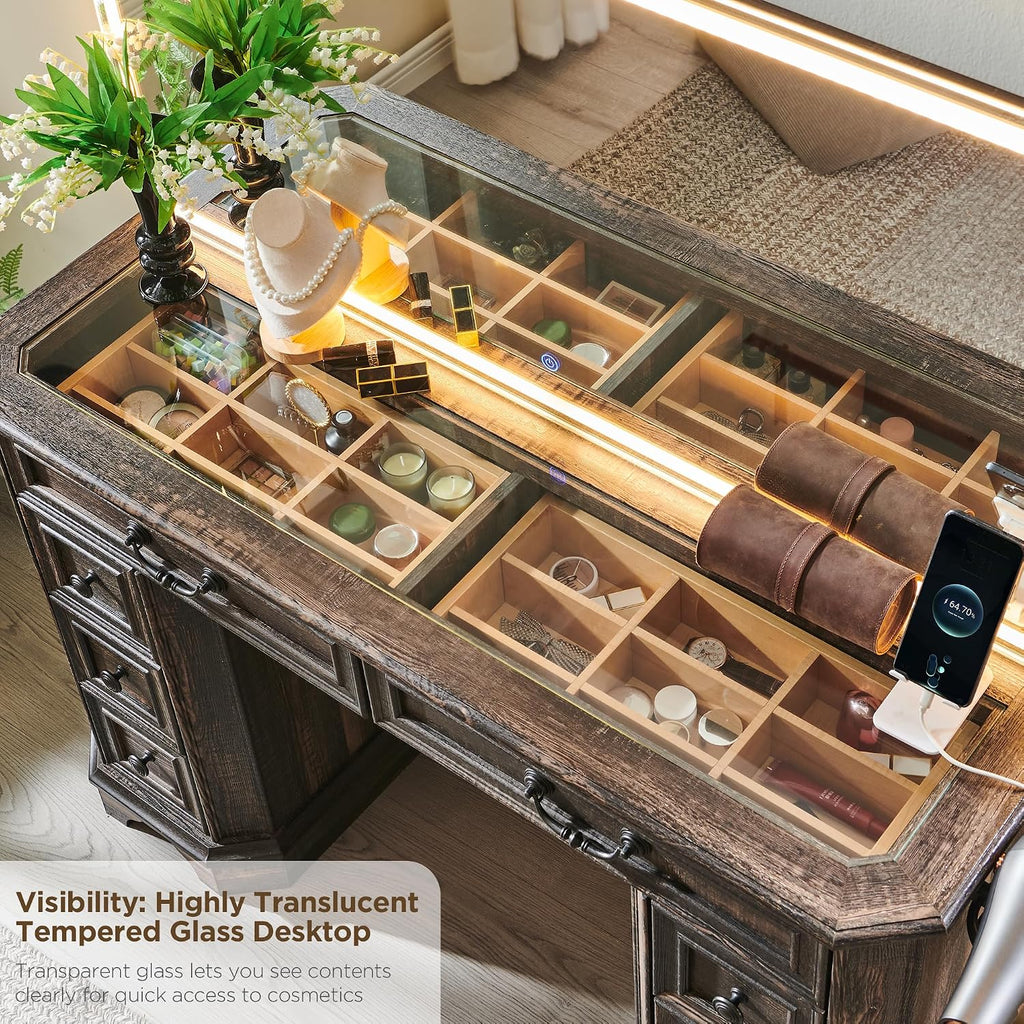 T4TREAM Makeup Vanity Desk with 48' HD Lighted Mirror, Farmhouse Vanity Table with 8 Drawers, Vanity Desk with 3 Color Modes, Dressing Table with Glass Top and Power for Bedroom(Dark Rustic Oak)