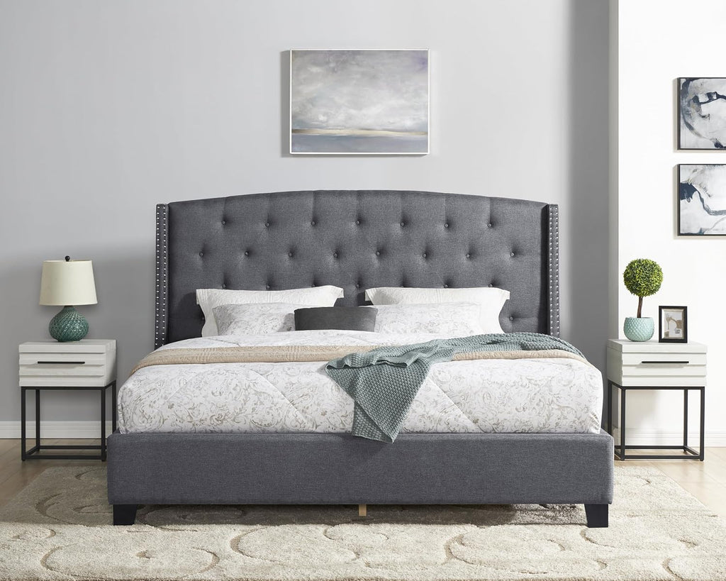 Roundhill Furniture Belize 3-Piece Upholstered Bedroom Set, Tufted Wingback Bed with Two White Nightstands, Queen