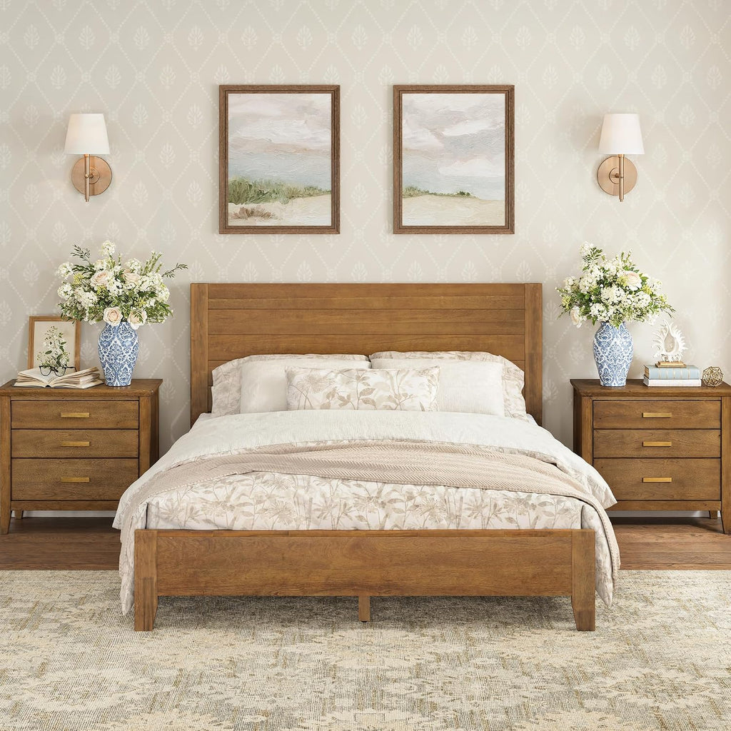 Cozyman Wood Platform Bed Frame Queen Size with Headboard, Camas Queen, Acacia Wood, No Box Spring Needed, Easy Assembly, Dark Wood
