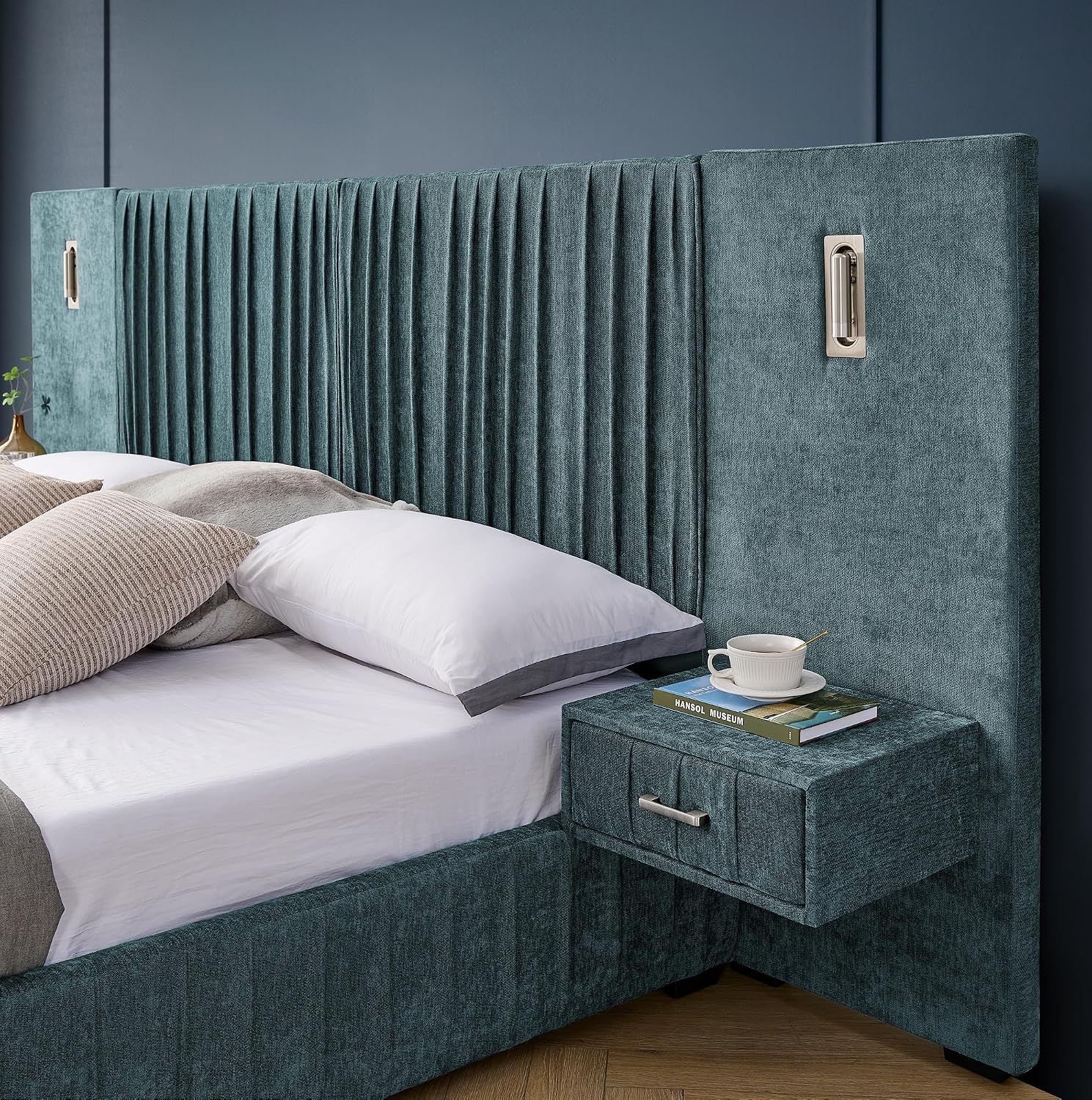 King Size Upholstered Platform Bed Frame with Headboard & Built-in Nightstand, Luxury Bed Frame for Modern Bedroom Sets, No Box Spring Needed, Stable & Adjustable Lighting(Blue-Green)