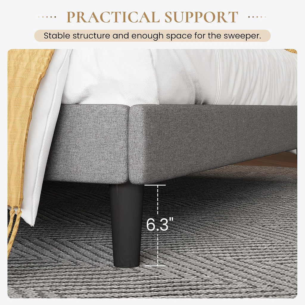 SHA CERLIN Upholstered Bed Frame Full Size with Streamlined Wingback Headboard, Breathable Linen Fabric, Solid Wooden Slats, Easy Assembly, Light Grey