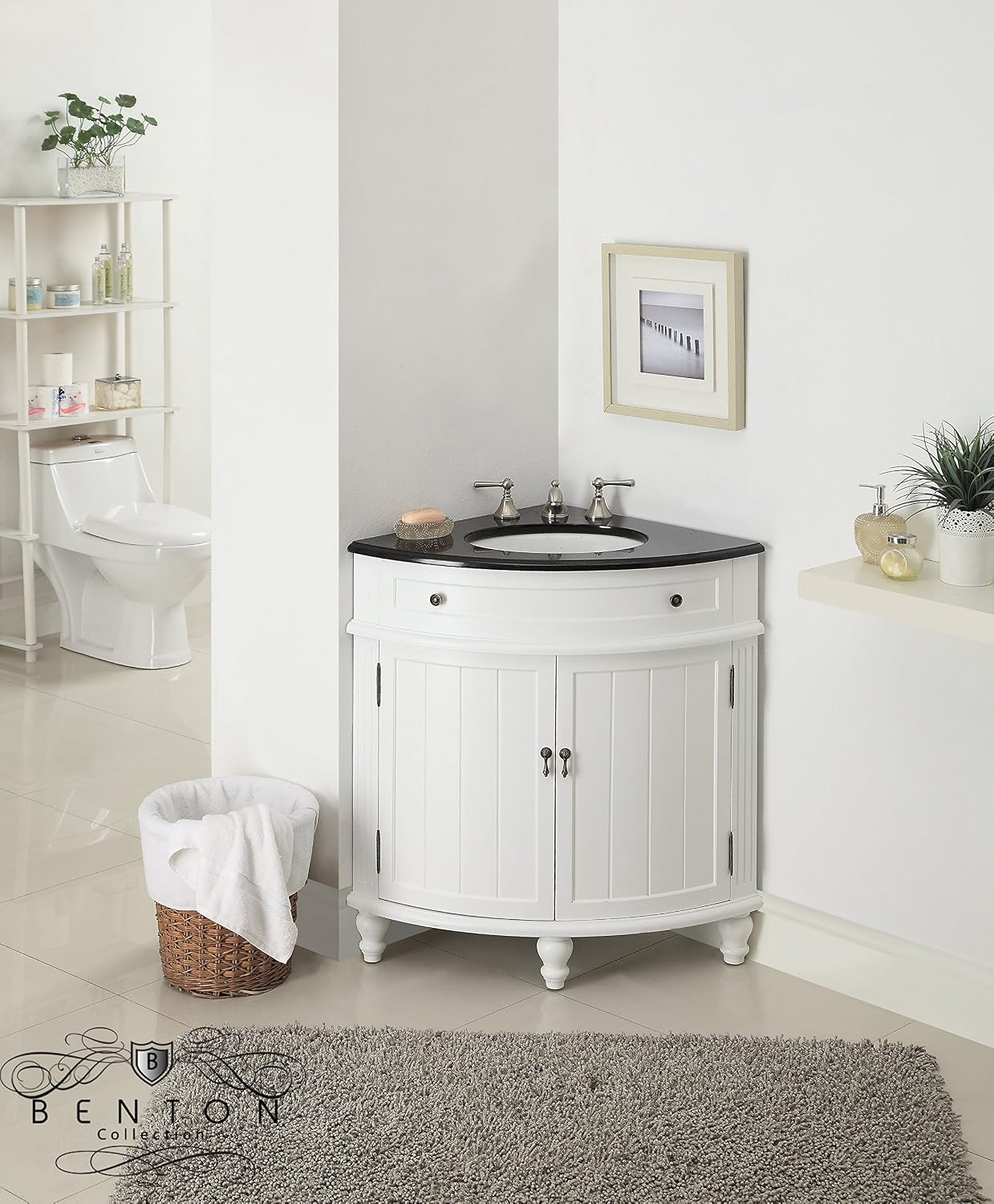 Tennant Brand 24-Inch Triadsville Free Standing Corner Bathroom Sink Vanity for Small Space, Fully Assembled, White Porcelain with Black Granite Top, White Cabinet