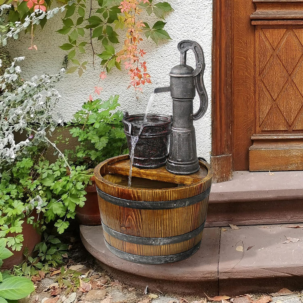 Design Toscano SS11155 Water Fountain - Cistern Well Pump Wood Barrel Garden Decor Fountain - Outdoor Water Feature,full color