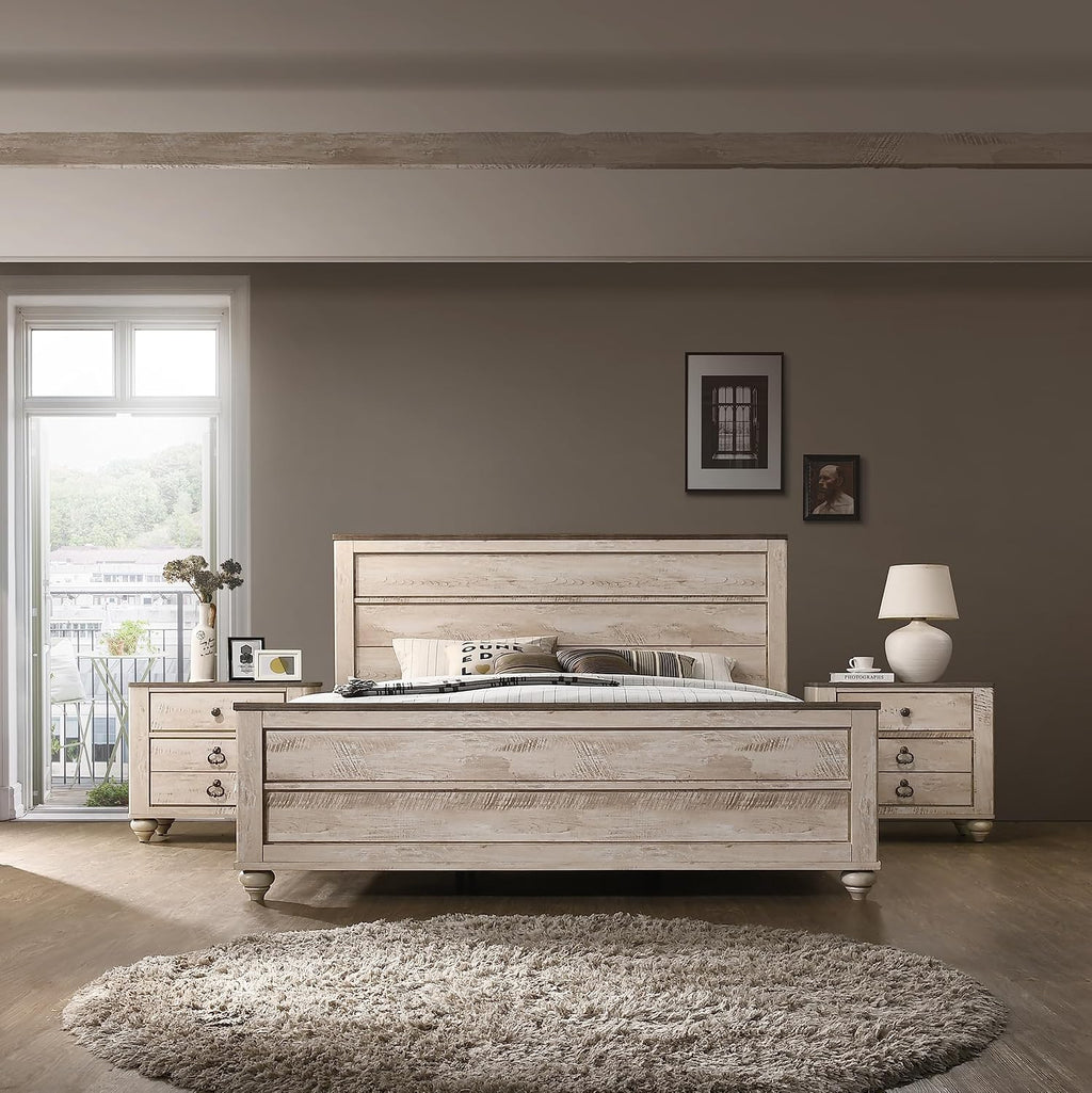 3-Piece King Bedroom Set: Contemporary White Wash Finish - Walnut Brown Wood Frame & Nightstands - Urban Chic Style for Modern Bedrooms