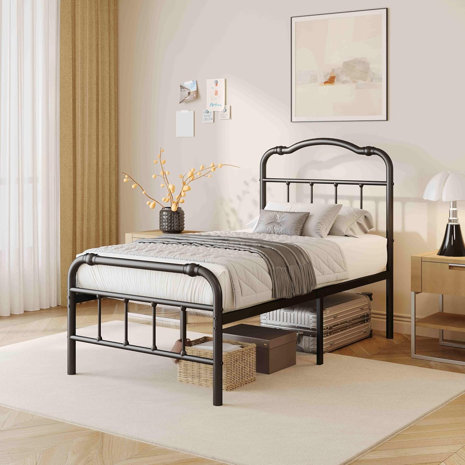 ZIYOO Vintage-Inspired 18 Inch Metal Bed Frame - Victorian Headboard & Footboard, Sturdy Platform Design, Under Bed Storage, No Box Spring Needed, Noise Free, Twin XL Size
