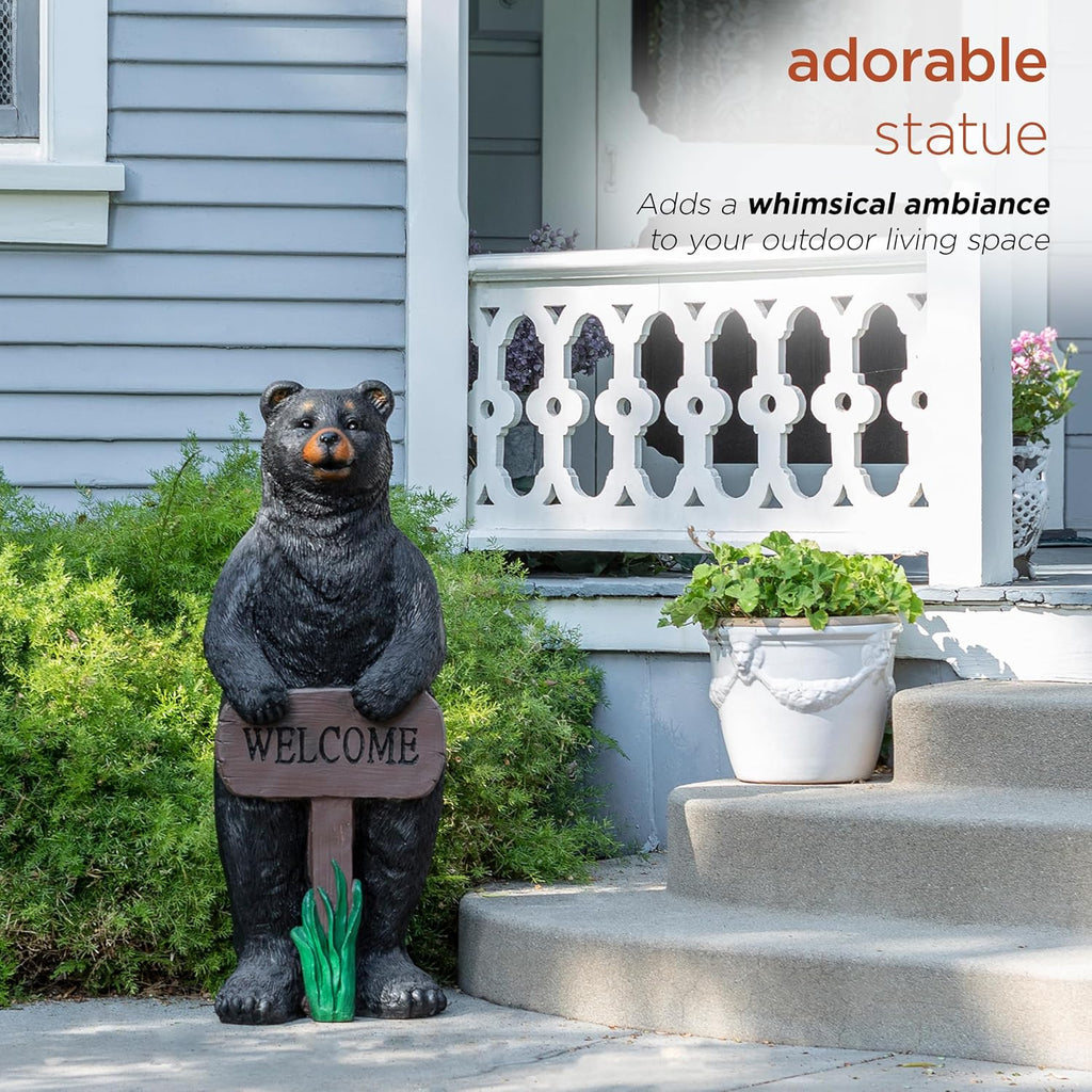 Alpine Corporation 36' Tall Outdoor Standing Black Bear with Welcome Sign Yard Statue Decoration