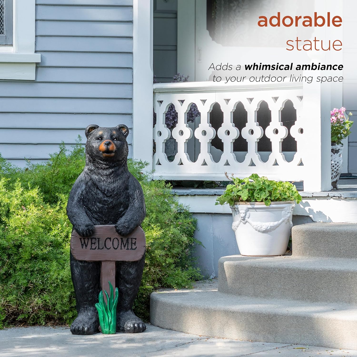 Alpine Corporation 36' Tall Outdoor Standing Black Bear with Welcome Sign Yard Statue Decoration